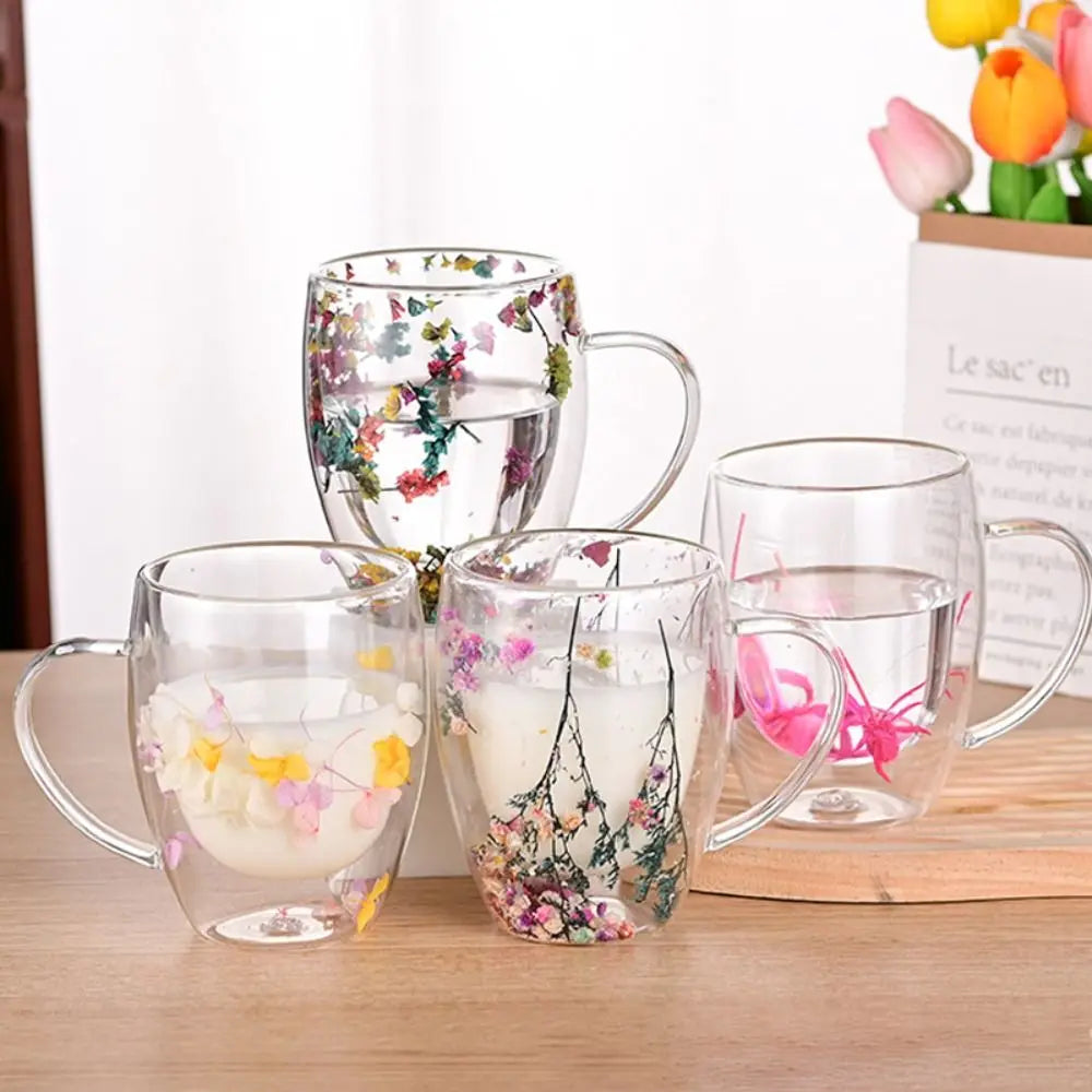 Caneca de Vidro Dupla Parede com Flores Secas