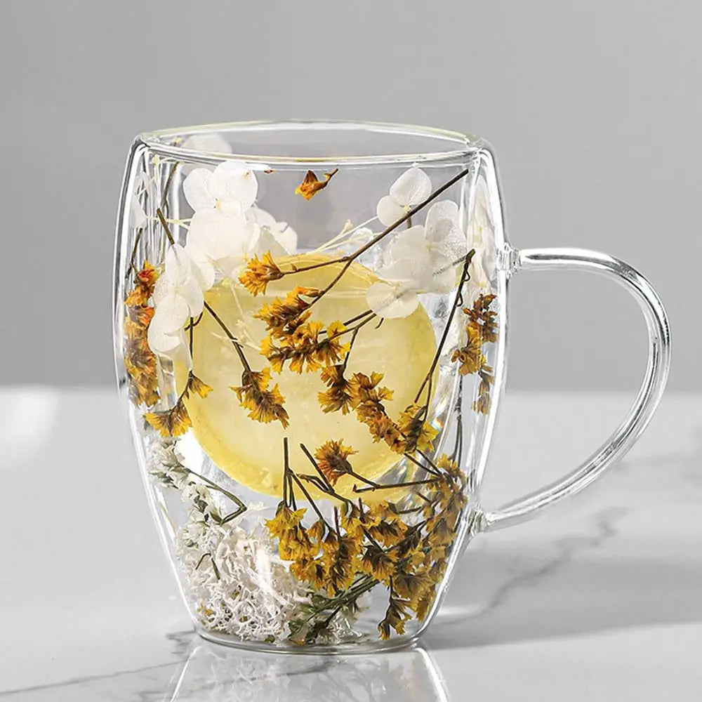Caneca de Vidro Dupla Parede com Flores Secas