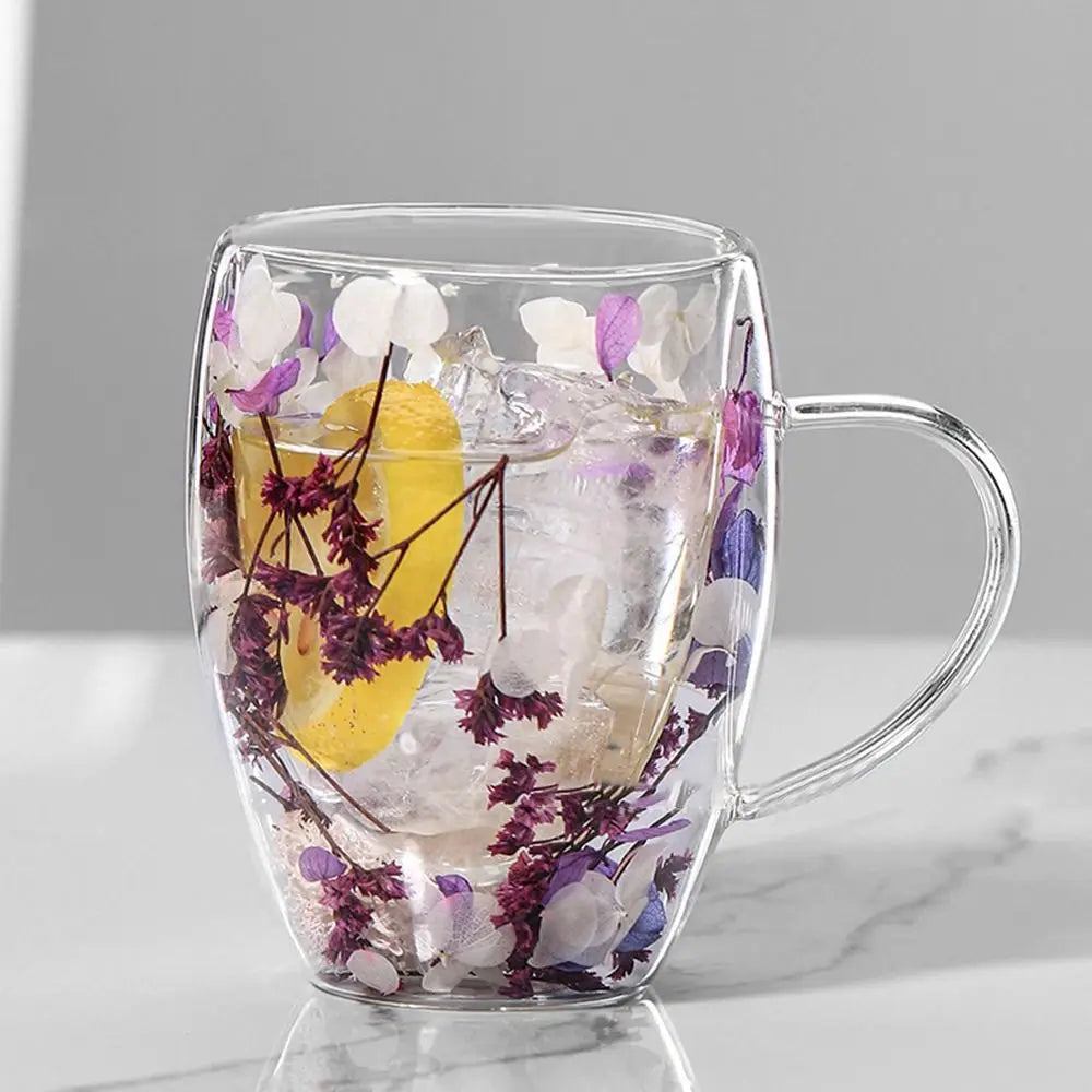 Caneca de Vidro Dupla Parede com Flores Secas
