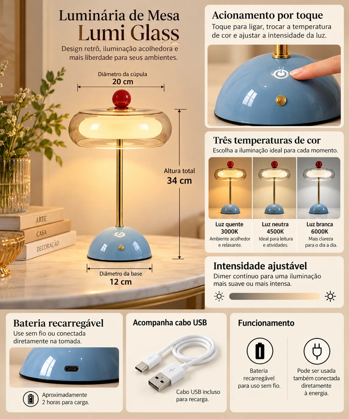 Luminária de Mesa Lumi Glass – LED Recarregável com Touch