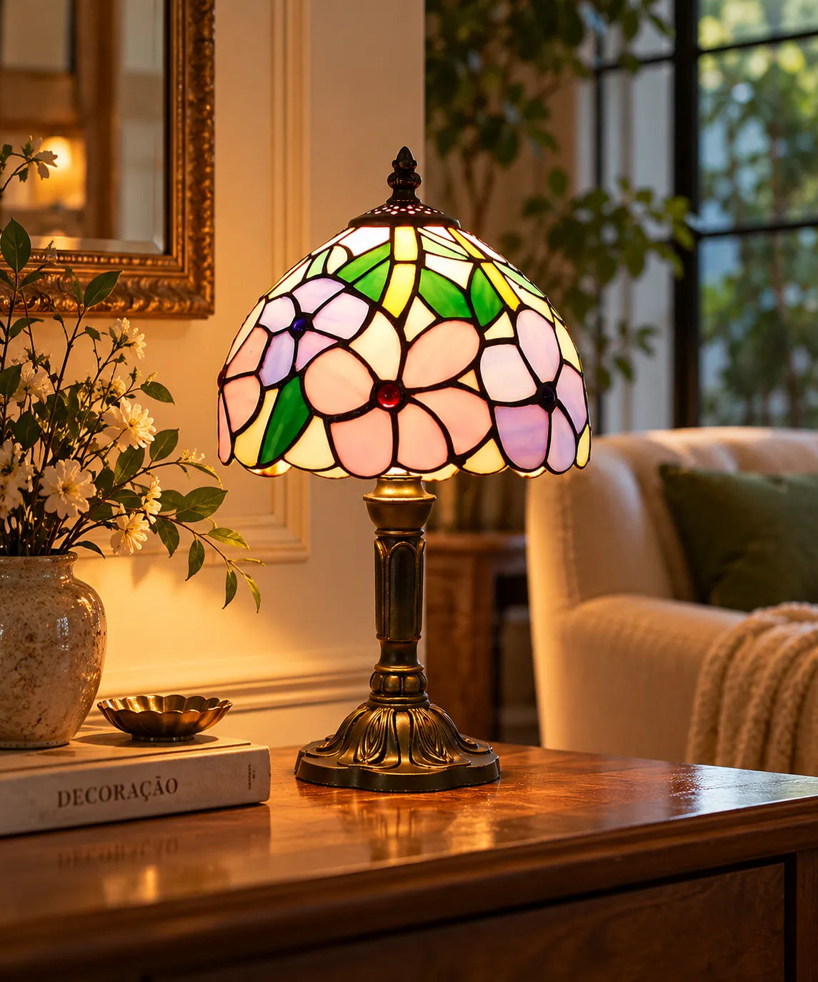 Luminaria_de_Mesa_Abajur_Tiffany_Floral_Vitral_Classico